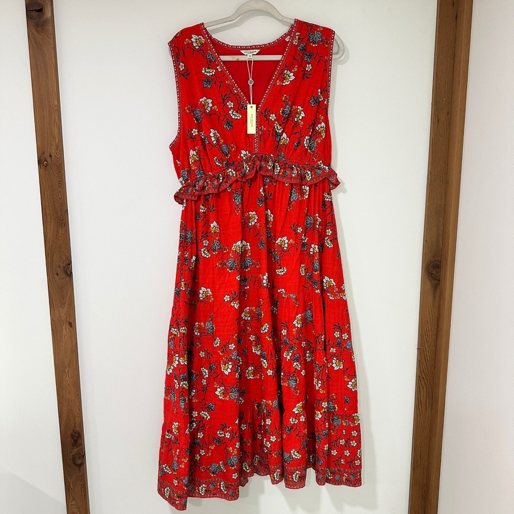 Max Studio London Floral Tiered Midi Dress Womens 1X Red Ruffle Boho NWT